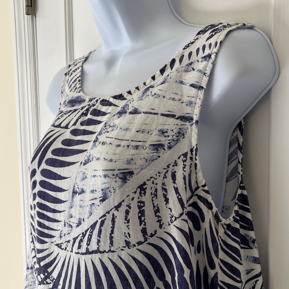 100% Linen Dress Women's Medium Sleeveless Pockets Print Blue White Beach Flare - Picture 4 of 16